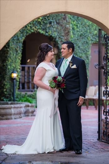 Wedding photography at the Historic Santa Maria Inn in Santa Maria, California by Mirror's Edge Photography. Bride and Groom in Hidden Courtyard.
