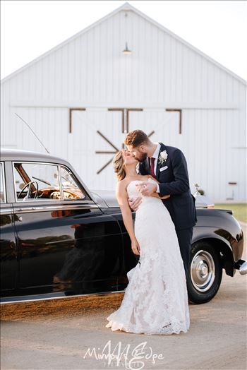 White Barn in Edna Valley rustic chic wedding by Mirror's Edge Photography, San Luis Obispo County Wedding and Engagement Photographer.  Dip and kiss with Bride and Groom and Rolls Royce Wedding in front of the White Barn.