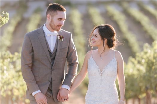 Tooth and Nail Winery elegant and formal wedding in Paso Robles California wine country by Mirror's Edge Photography, San Luis Obispo County Wedding Photographer. Bride and Groom walking through the vineyards in Paso Robles California wine country wedding