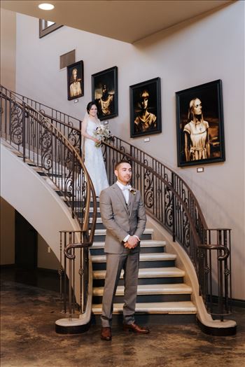 Mirror's Edge Photography captures Edith and Kyle's wedding at the Tooth and Nail Winery in Paso Robles California. First Look on the staircase in tasting room