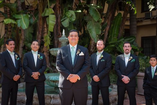 Wedding photography at the Historic Santa Maria Inn in Santa Maria, California by Mirror's Edge Photography. Groom and his groomsmen.