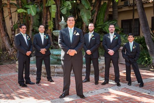 Wedding photography at the Historic Santa Maria Inn in Santa Maria, California by Mirror's Edge Photography. Groom and his groomsmen by the fountain