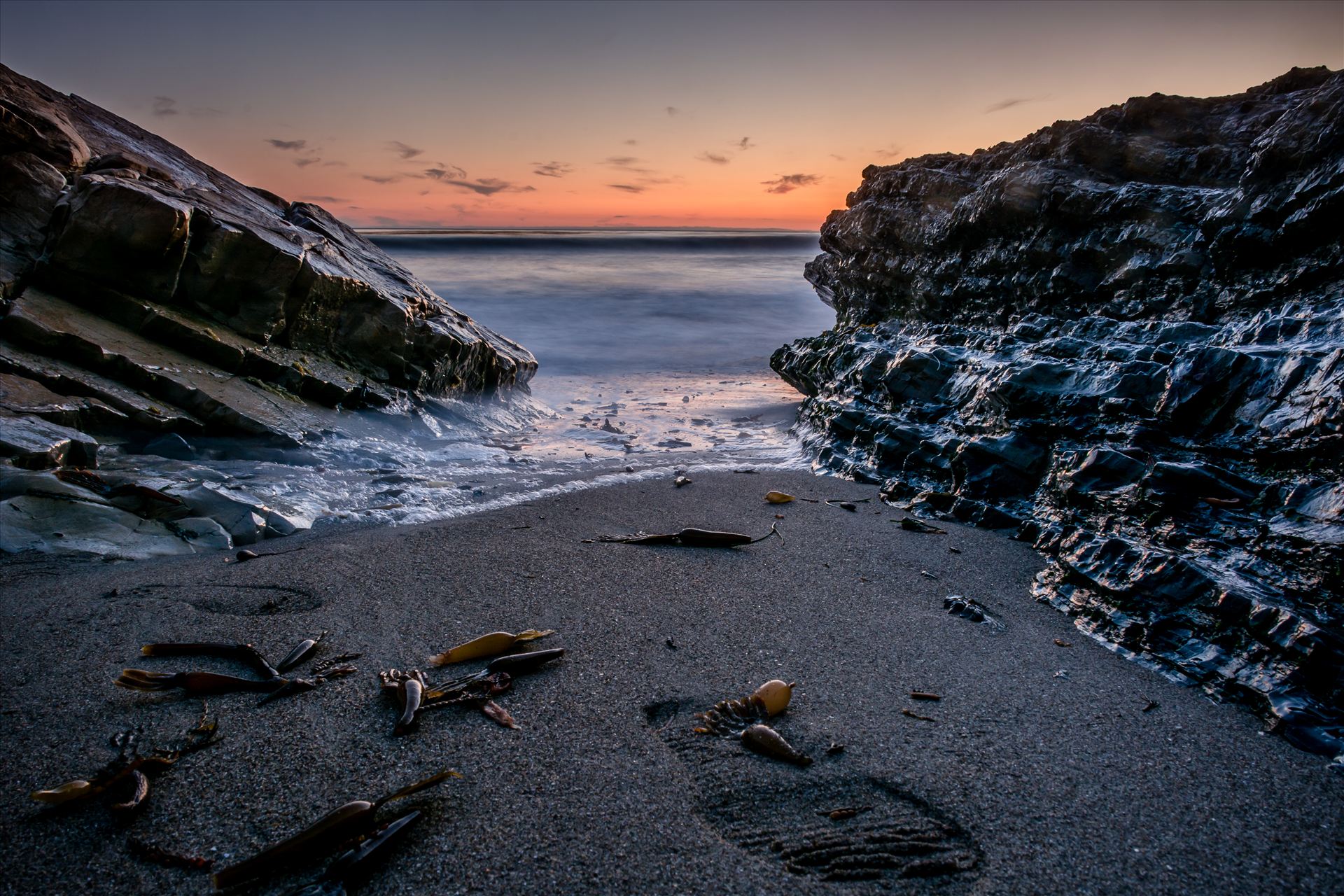 Between Two Rocks and the Sea.jpg - Soft ocean at sunset in Pismo Beach, California by Sarah Williams
