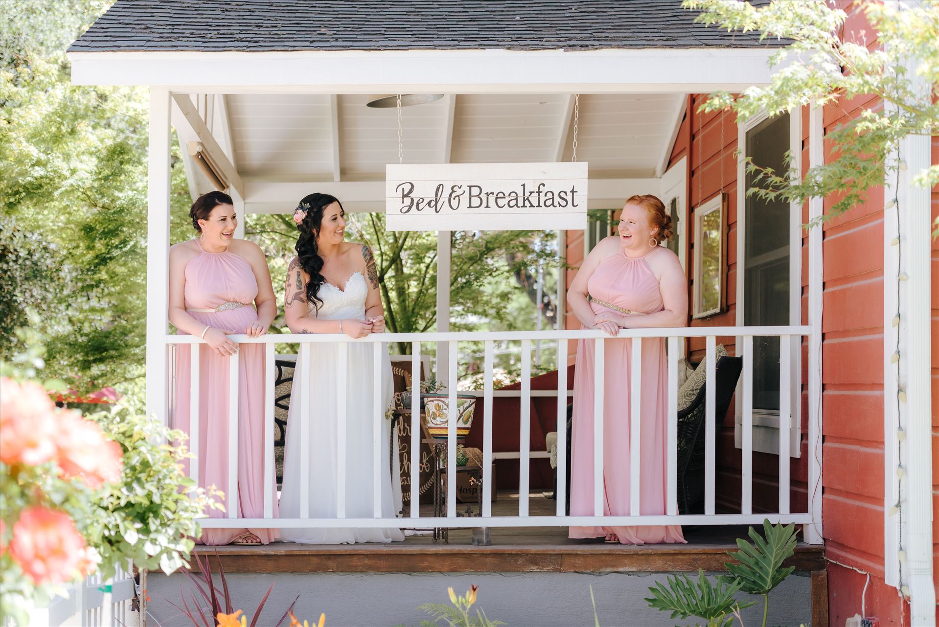 Kendra and Mitchell 032 - Emily House Bed and Breakfast Paso Robles California Wedding Photography by Mirrors Edge Photography. Bride and her bridesmaids by Sarah Williams