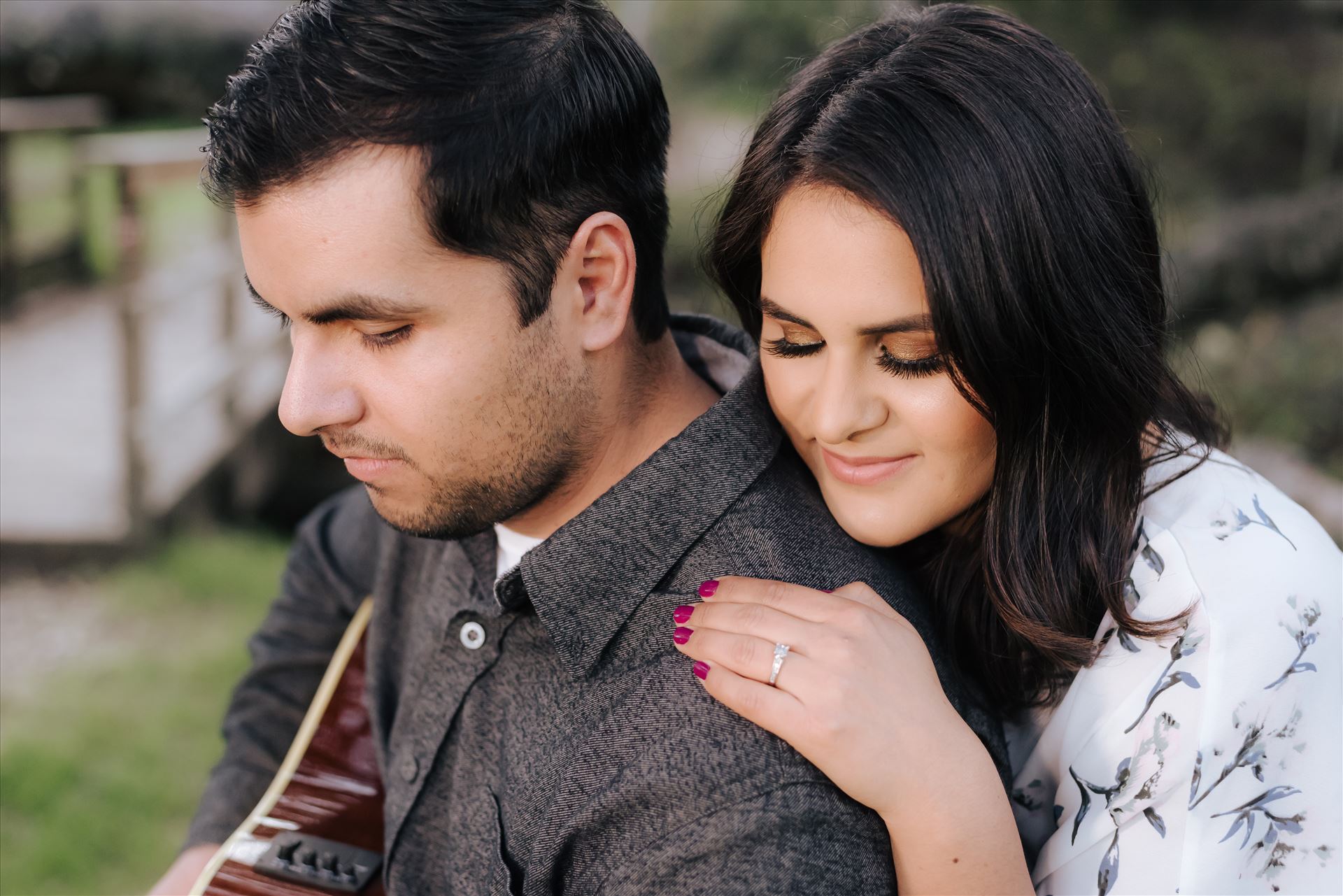 DSC_0904.JPG - Mirror's Edge Photography captures CiCi and Rocky's Sunrise Engagement in Los Osos California at Los Osos Oaks Reserve. Boy and girl and his guitar by Sarah Williams