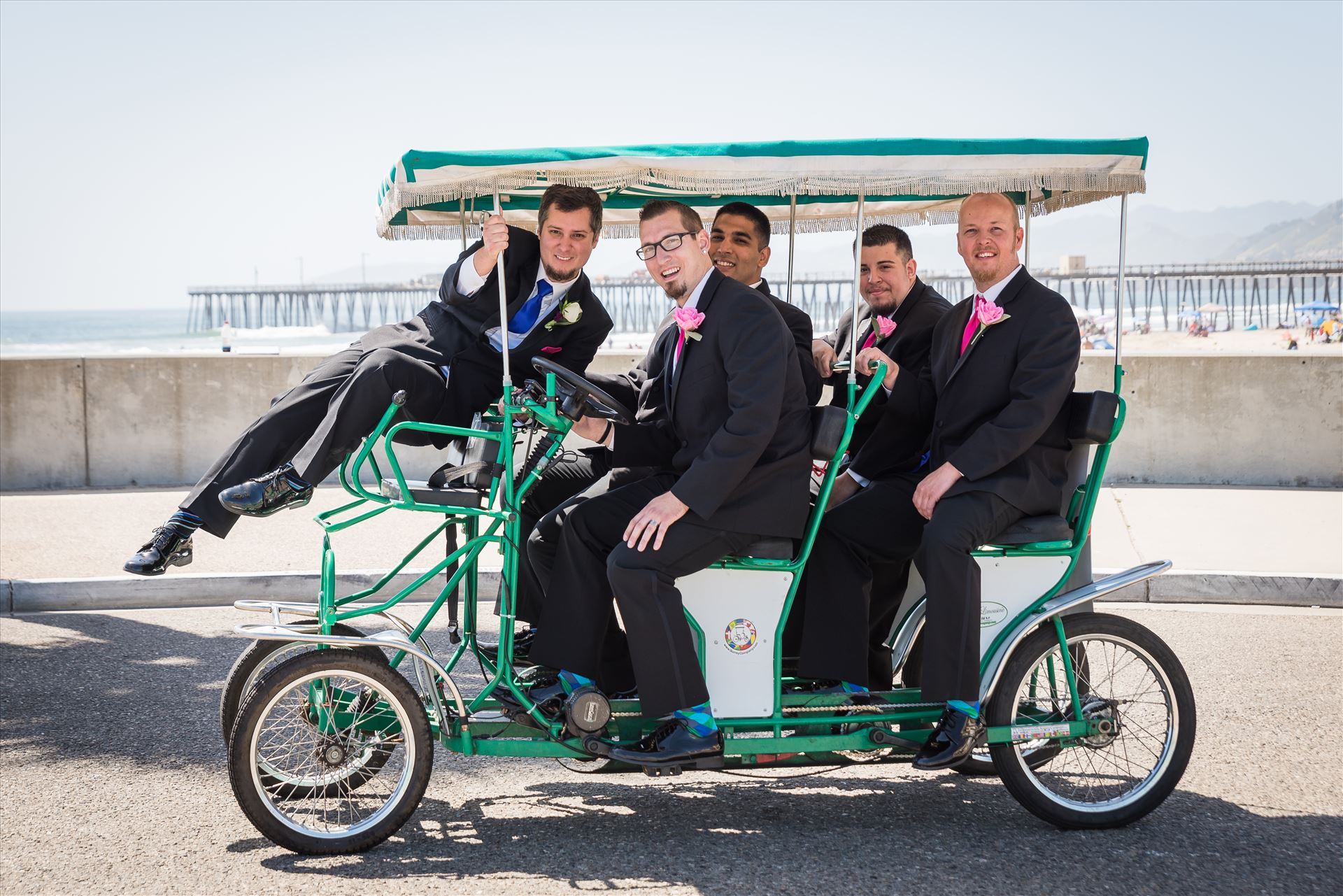 Jessica and Michael 23 - Sea Venture Resort and Spa Wedding Photography by Mirror's Edge Photography in Pismo Beach, California. Groom and Groomsmen in cart by Sarah Williams