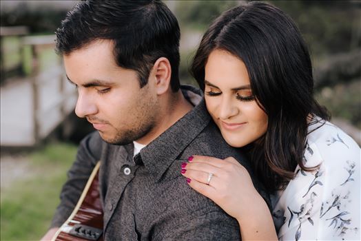 Mirror's Edge Photography captures CiCi and Rocky's Sunrise Engagement in Los Osos California at Los Osos Oaks Reserve. Boy and girl and his guitar